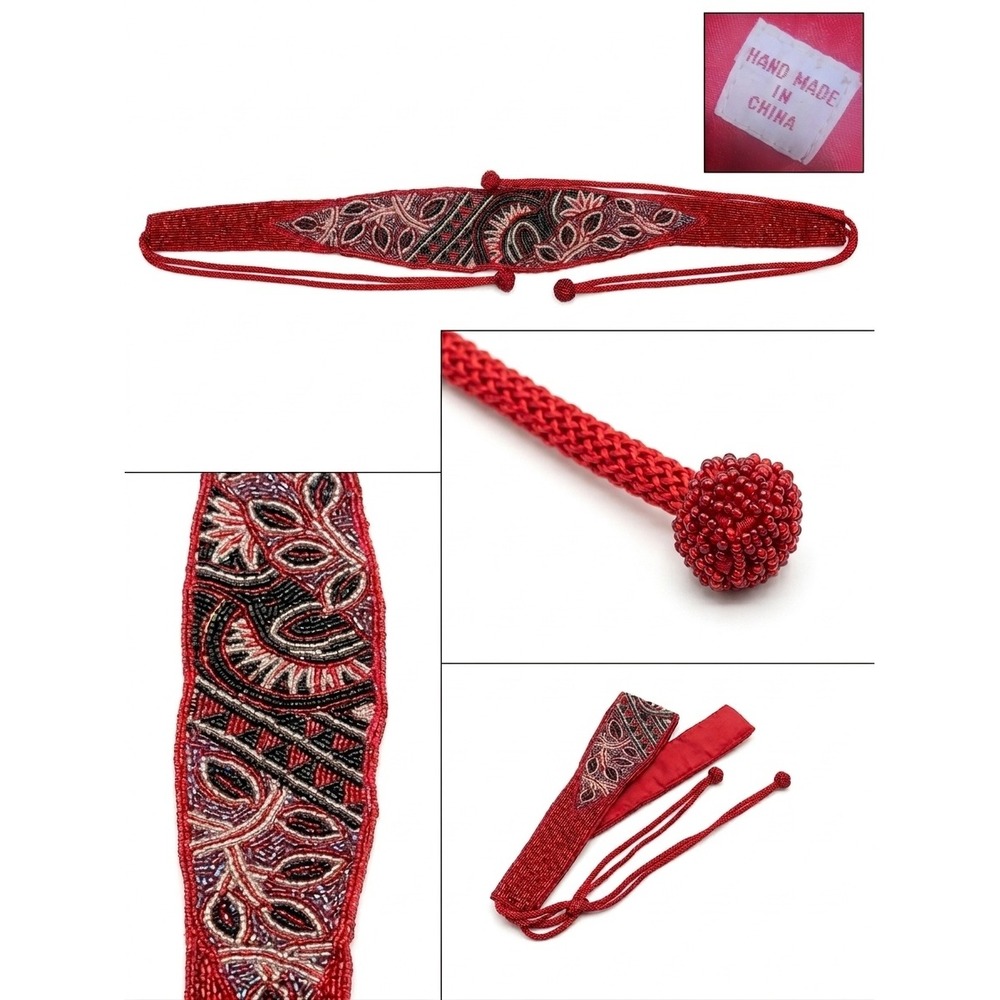 Handmade Beaded Red Sash Belt Boho Floral Seed Bead Waist Tie Tassel One Size